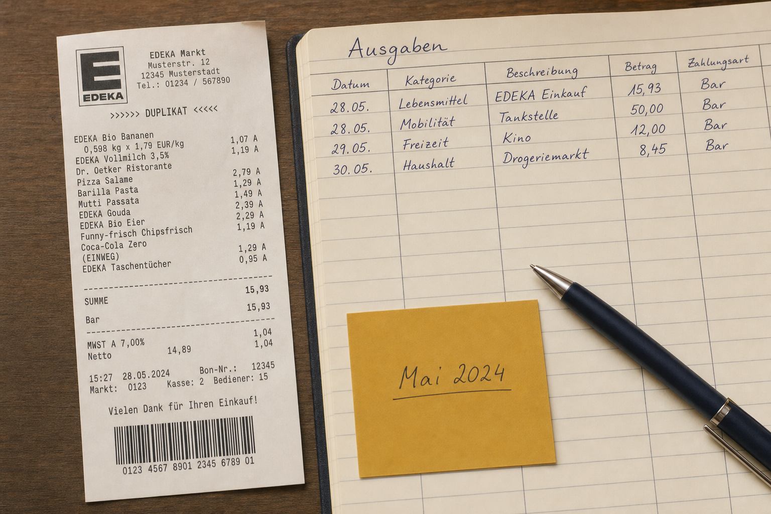 Beleg, Kugelschreiber und offene Ausgabentabelle auf Warmton-Papier