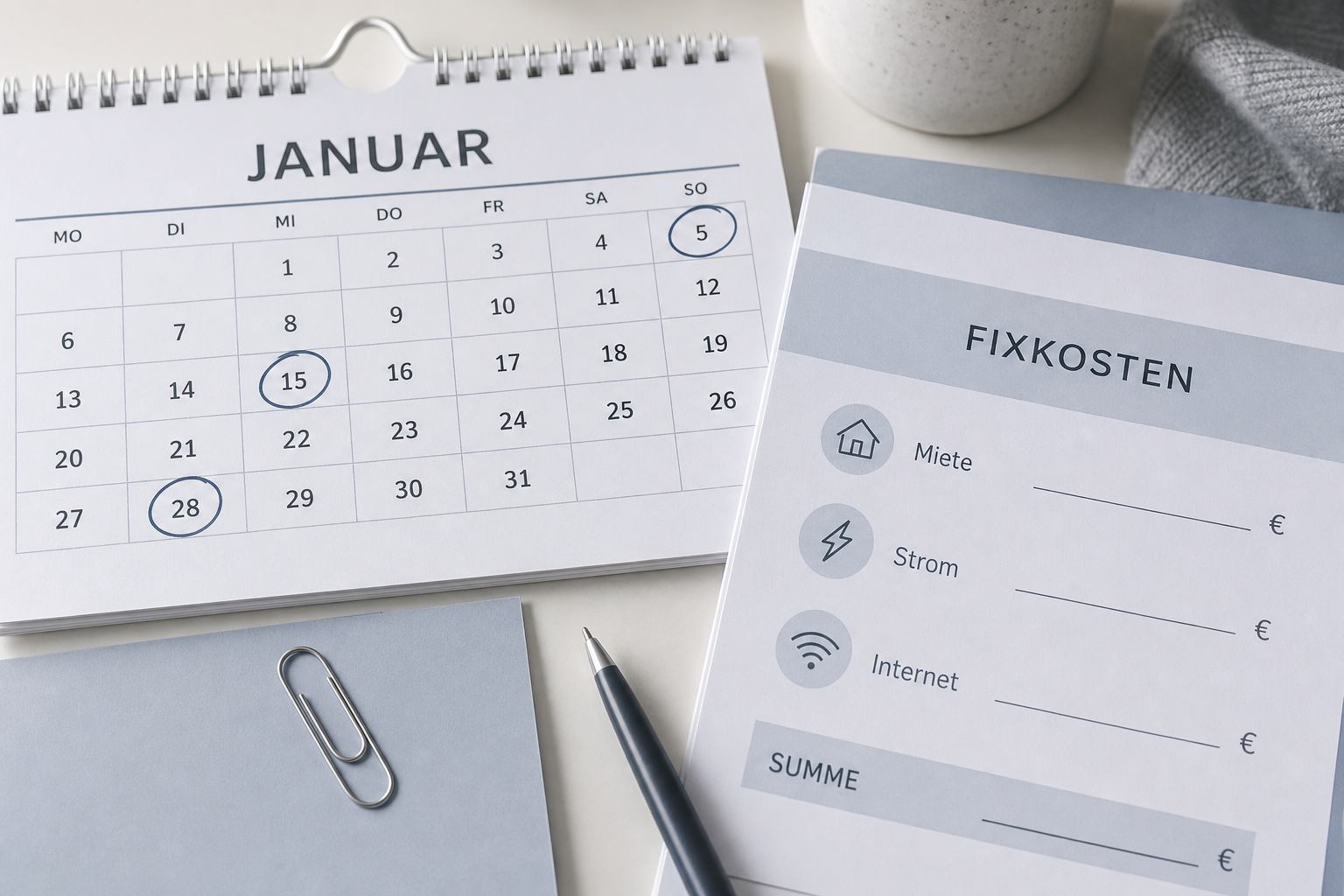 Wandkalender mit Abbuchungsterminen und Fixkostenblatt