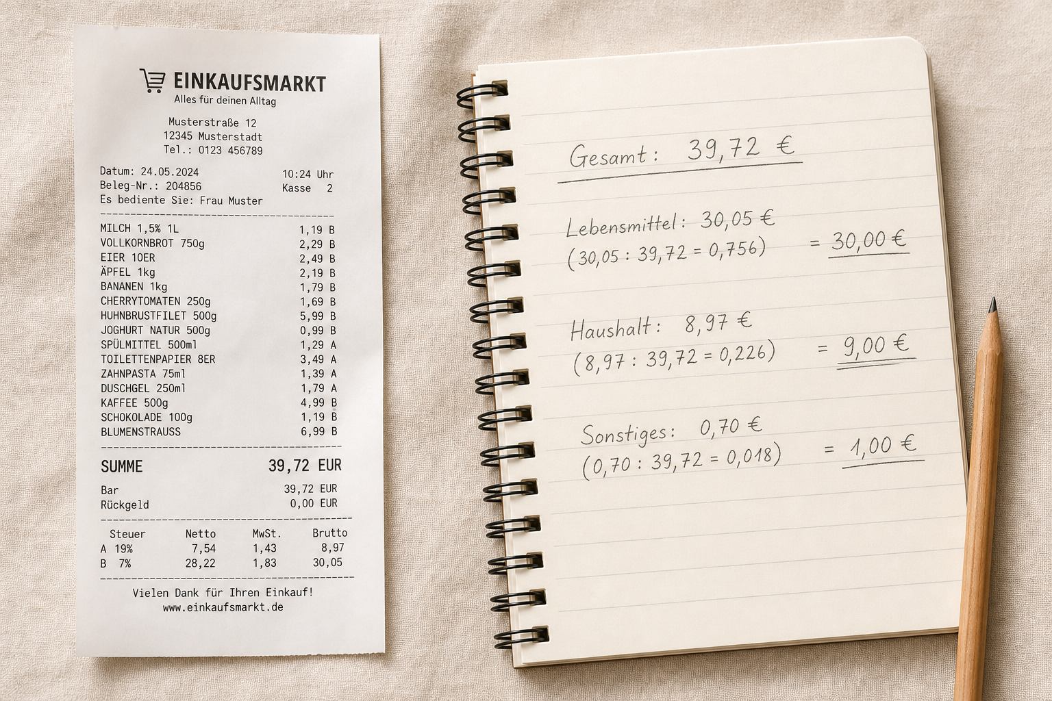 Supermarktbeleg neben Notizblock mit aufgeteilten Kategoriebeträgen