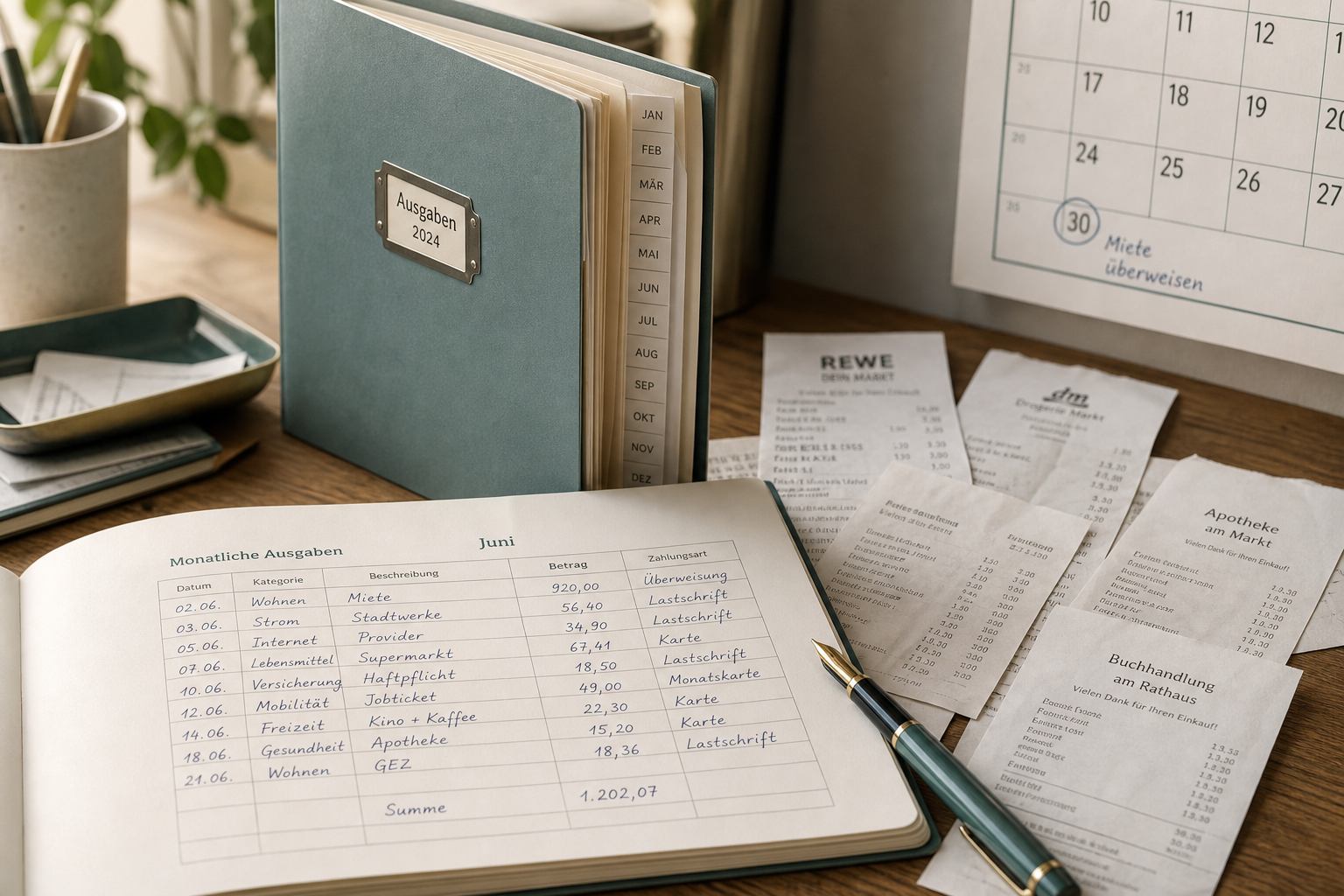 Geöffnete Monatsmappe mit Ausgabentabelle, Belegen, Kalender und Stift auf dem Schreibtisch