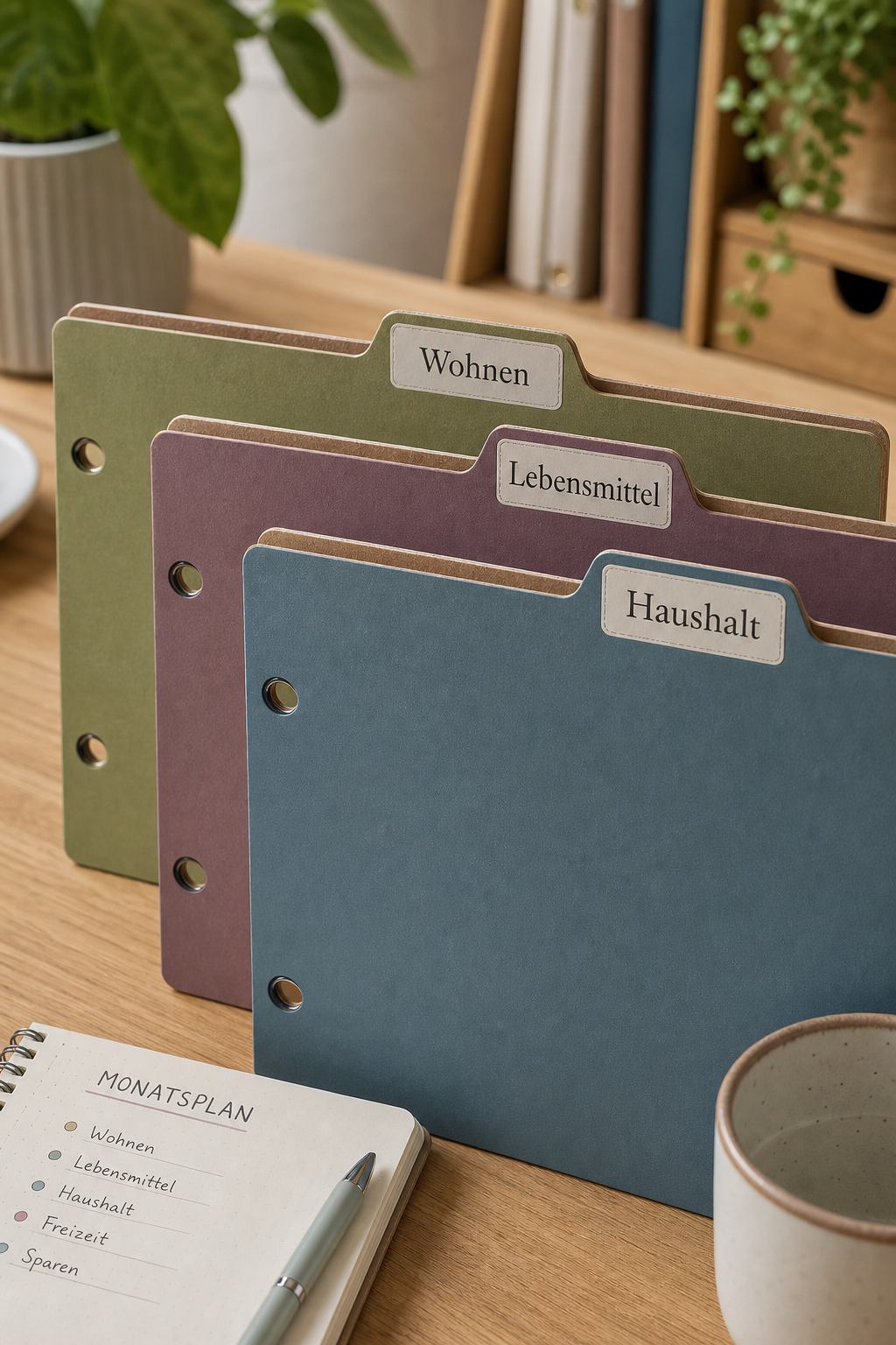 Farbige Ordner-Trennlaschen mit Haushaltskategorien auf dem Schreibtisch