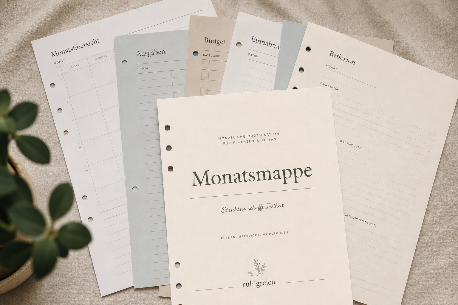 Gestapelte Druckvorlagen der Monatsmappe mit Bindelöchern